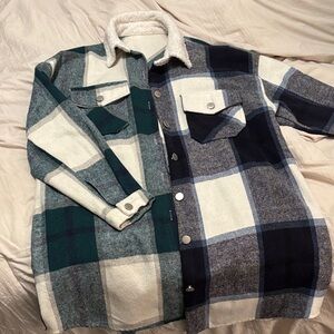 Plaid Sherpa Shirt Jacket in Green, Navy & Cream